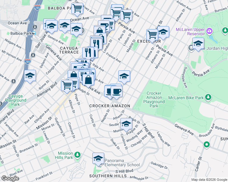 map of restaurants, bars, coffee shops, grocery stores, and more near 848 Edinburgh Street in San Francisco