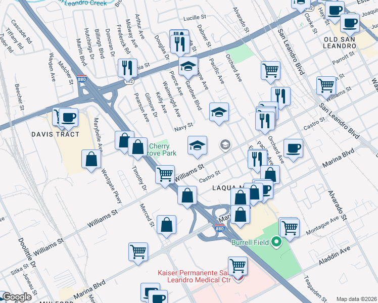 map of restaurants, bars, coffee shops, grocery stores, and more near 1465 Navy Street in San Leandro