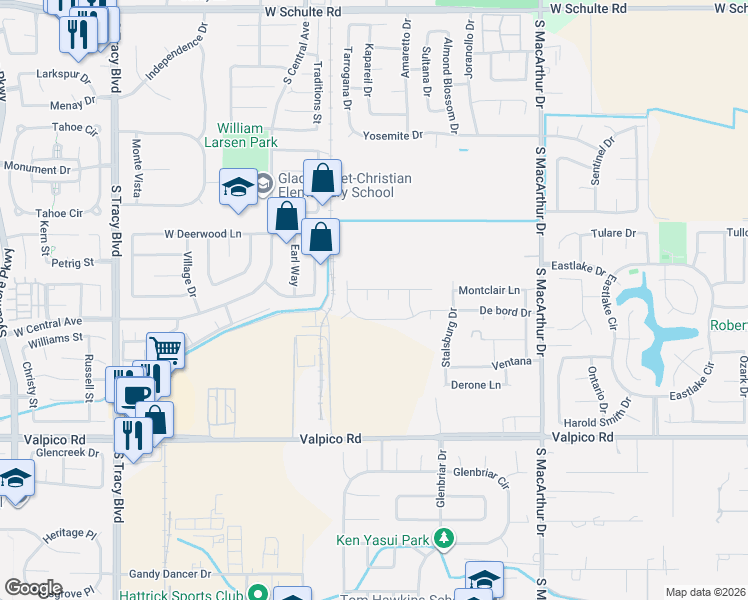 map of restaurants, bars, coffee shops, grocery stores, and more near 203 Fairmont Lane in Tracy