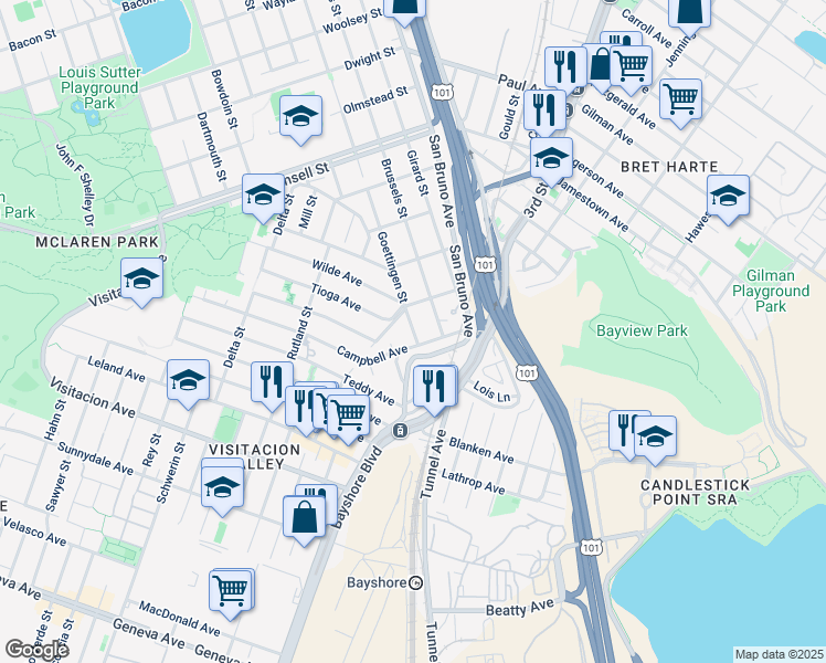 map of restaurants, bars, coffee shops, grocery stores, and more near 221 Wilde Avenue in San Francisco