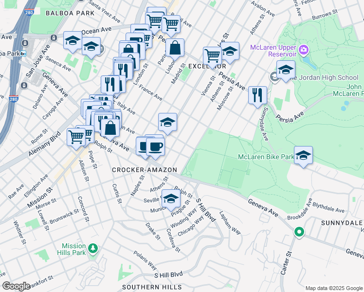 map of restaurants, bars, coffee shops, grocery stores, and more near 770 Athens Street in San Francisco