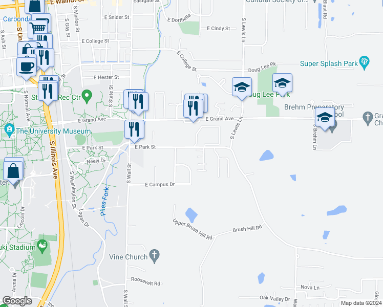 map of restaurants, bars, coffee shops, grocery stores, and more near 805 East Park Street in Carbondale