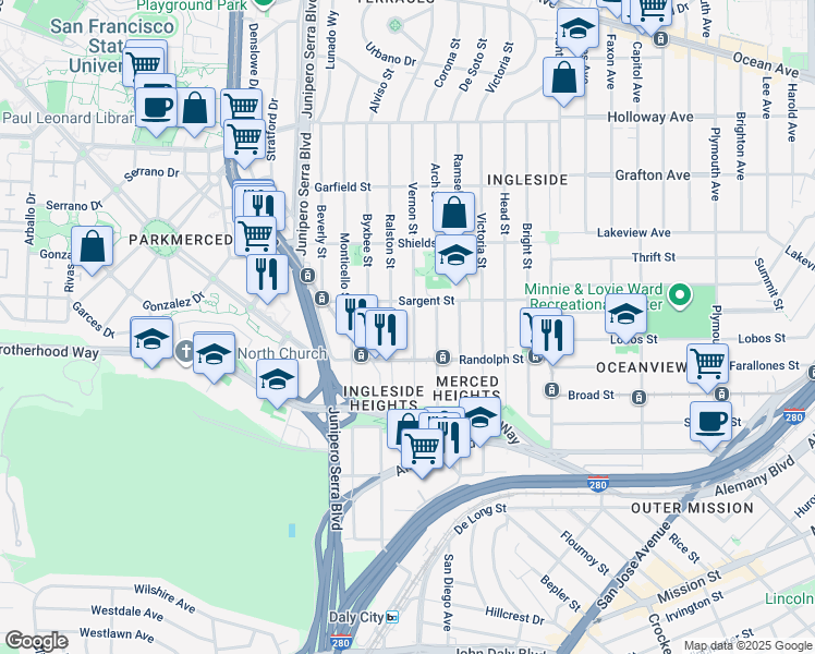 map of restaurants, bars, coffee shops, grocery stores, and more near 155 Vernon St in San Francisco