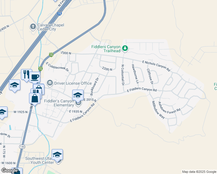 map of restaurants, bars, coffee shops, grocery stores, and more near 2110 Serviceberry Circle in Cedar City