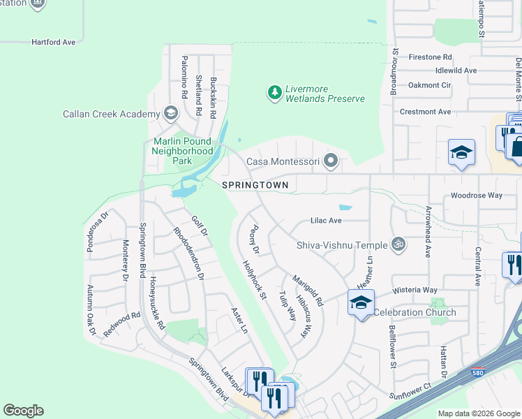map of restaurants, bars, coffee shops, grocery stores, and more near 1688 Bluebell Drive in Livermore