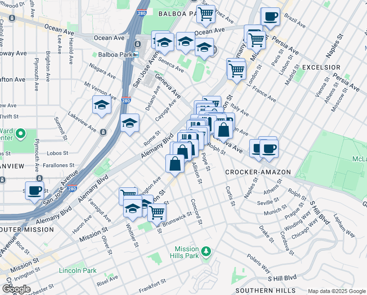 map of restaurants, bars, coffee shops, grocery stores, and more near 2 Ellington Avenue in San Francisco