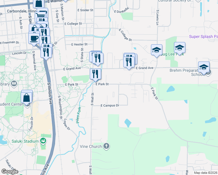map of restaurants, bars, coffee shops, grocery stores, and more near 607 East Park Street in Carbondale