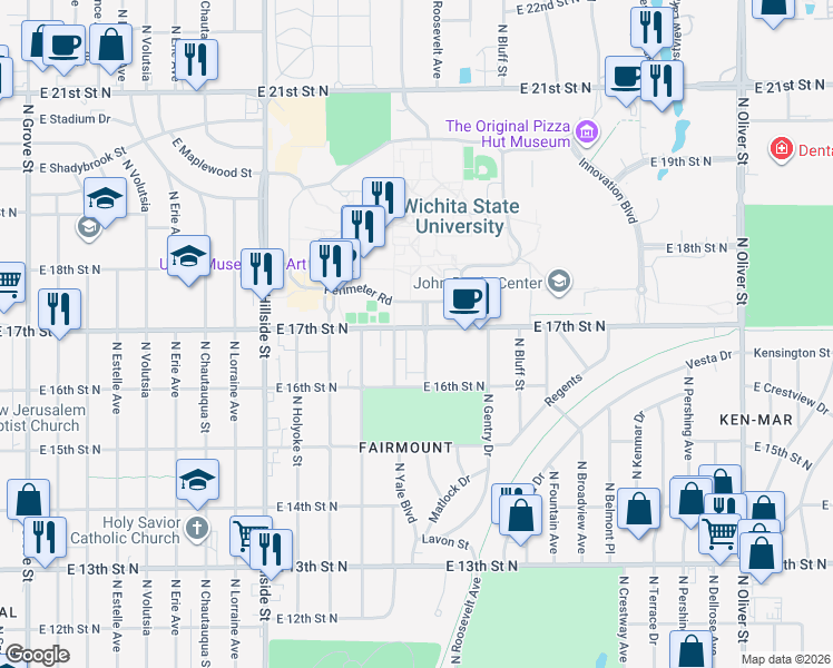 map of restaurants, bars, coffee shops, grocery stores, and more near East 17th Street North in Wichita
