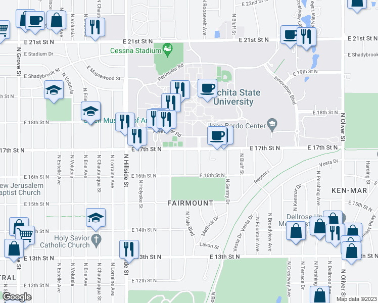 map of restaurants, bars, coffee shops, grocery stores, and more near 3605 East 17th Street North in Wichita
