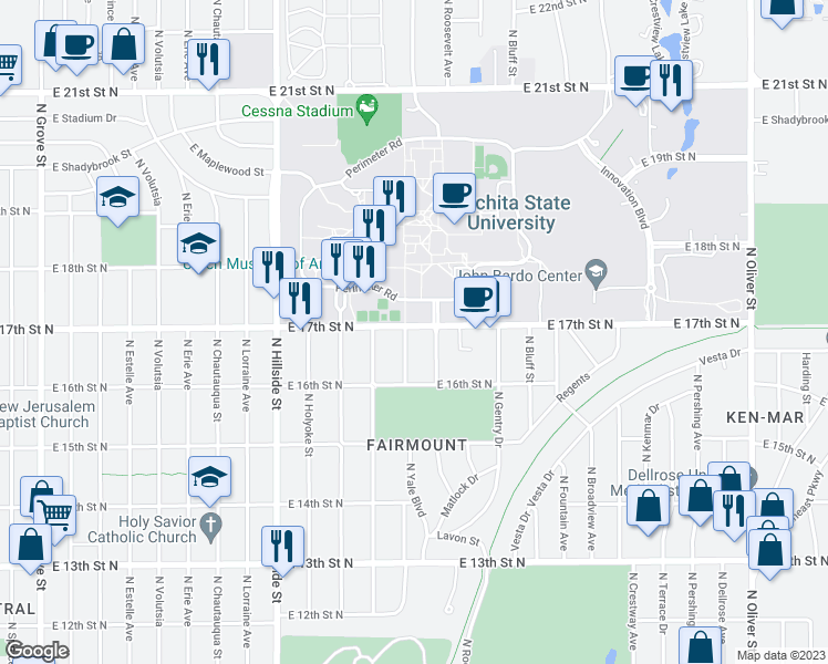 map of restaurants, bars, coffee shops, grocery stores, and more near 3607 East 17th Street North in Wichita