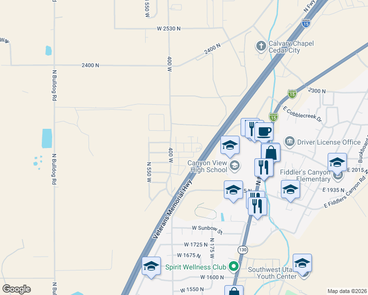 map of restaurants, bars, coffee shops, grocery stores, and more near 2110 400 West in Cedar City