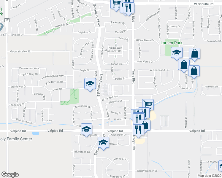 map of restaurants, bars, coffee shops, grocery stores, and more near 2157 Cedrus Drive in Tracy