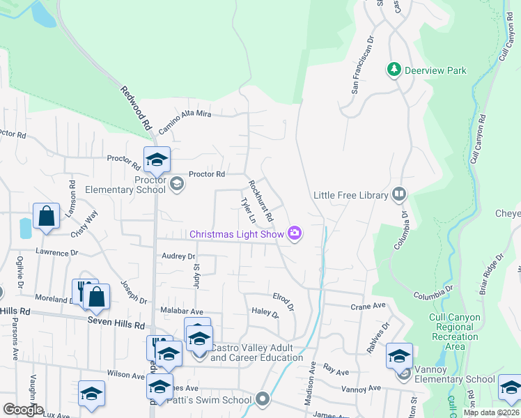 map of restaurants, bars, coffee shops, grocery stores, and more near 17748 Rockhurst Road in Castro Valley