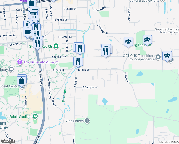 map of restaurants, bars, coffee shops, grocery stores, and more near 607 East Park Street in Carbondale