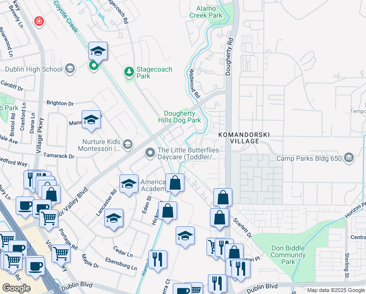 map of restaurants, bars, coffee shops, grocery stores, and more near 7003 Stagecoach Road in Dublin