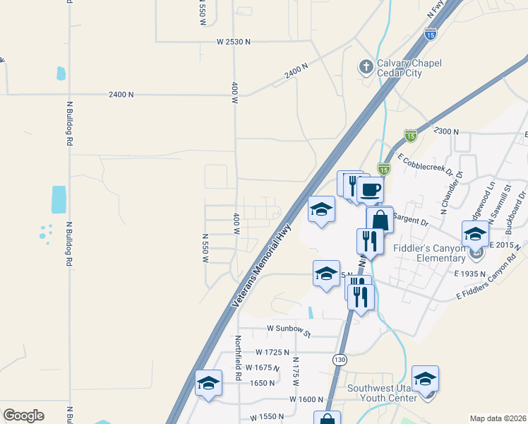 map of restaurants, bars, coffee shops, grocery stores, and more near 2110 400 West in Cedar City