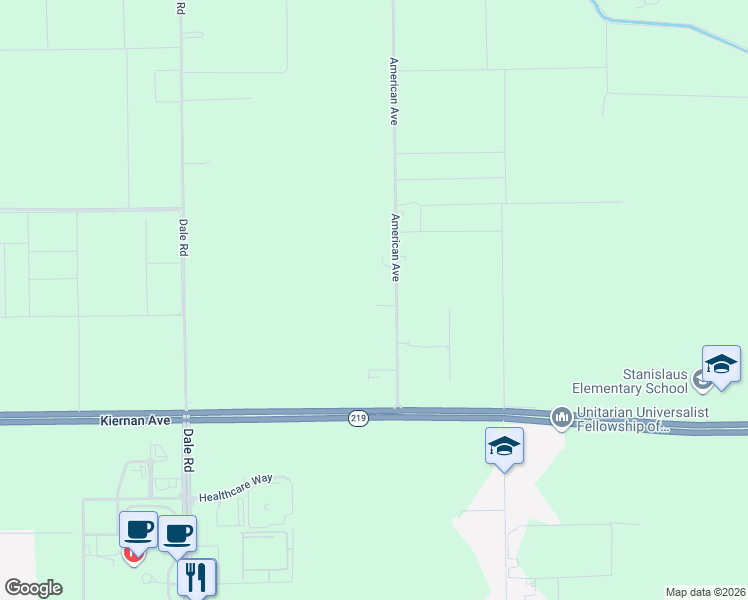 map of restaurants, bars, coffee shops, grocery stores, and more near 5237 American Avenue in Modesto