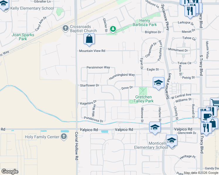 map of restaurants, bars, coffee shops, grocery stores, and more near 1717 Kyle Dayton Drive in Tracy