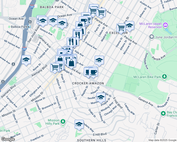 map of restaurants, bars, coffee shops, grocery stores, and more near 848 Edinburgh Street in San Francisco