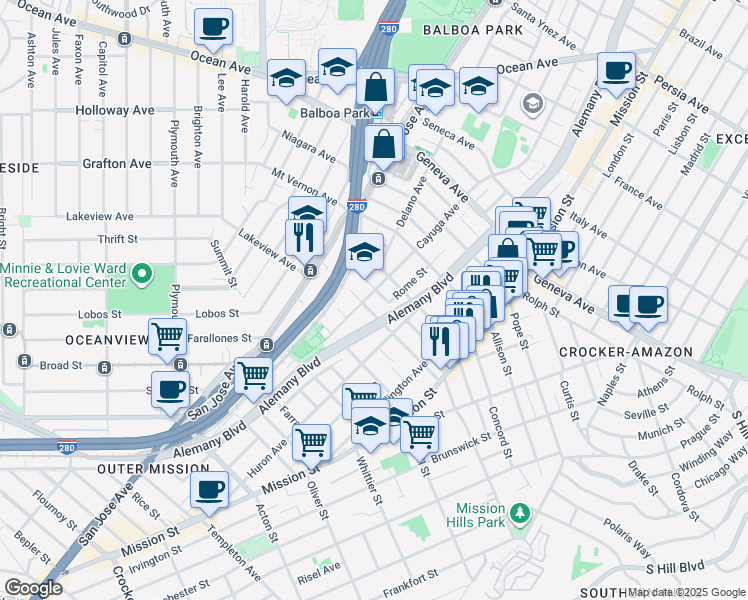 map of restaurants, bars, coffee shops, grocery stores, and more near 319 Rome Street in San Francisco