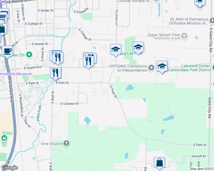 map of restaurants, bars, coffee shops, grocery stores, and more near 1000 East Park Street in Carbondale