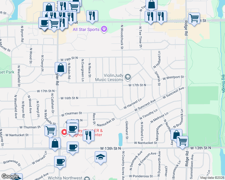 map of restaurants, bars, coffee shops, grocery stores, and more near 8119 West 17th Street North in Wichita
