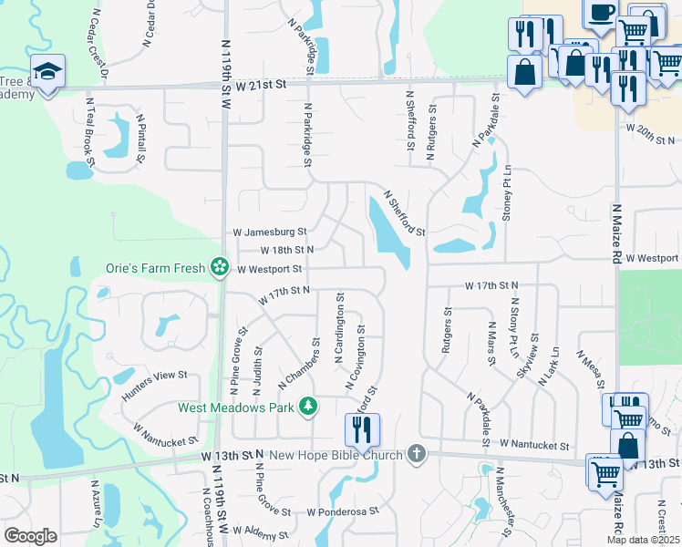map of restaurants, bars, coffee shops, grocery stores, and more near 1815 North Gray Street in Wichita