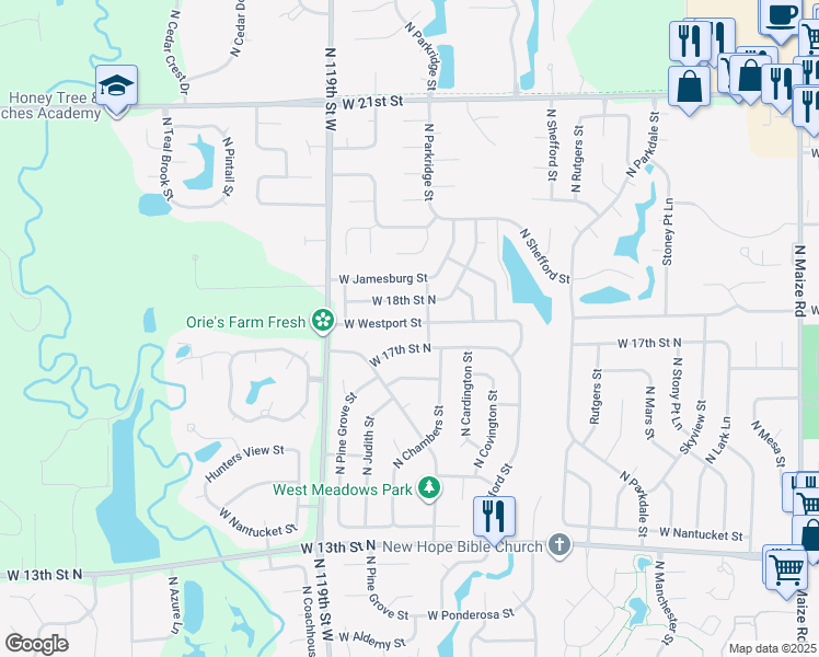 map of restaurants, bars, coffee shops, grocery stores, and more near 11613 West 18th Street North in Wichita