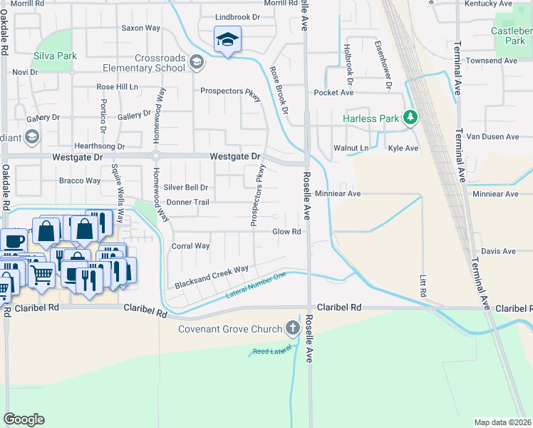 map of restaurants, bars, coffee shops, grocery stores, and more near 2831 Donner Trail in Riverbank
