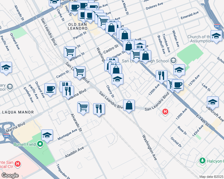 map of restaurants, bars, coffee shops, grocery stores, and more near 290 2nd Avenue in San Leandro