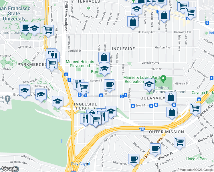 map of restaurants, bars, coffee shops, grocery stores, and more near 262 Ramsell Street in San Francisco