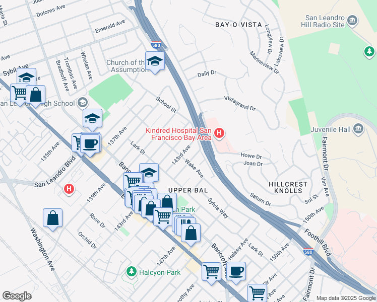 map of restaurants, bars, coffee shops, grocery stores, and more near 1724 143rd Avenue in San Leandro