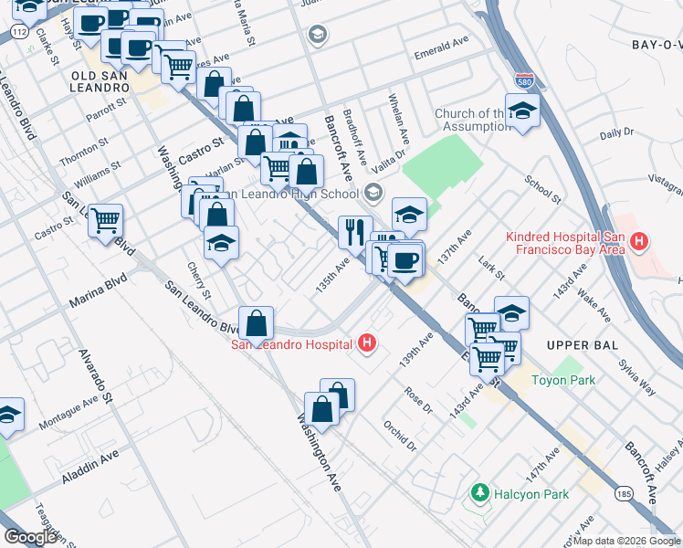 map of restaurants, bars, coffee shops, grocery stores, and more near 1316 135th Avenue in San Leandro