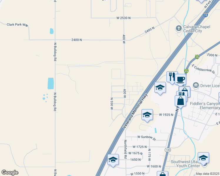 map of restaurants, bars, coffee shops, grocery stores, and more near 2093 North 550 West in Cedar City