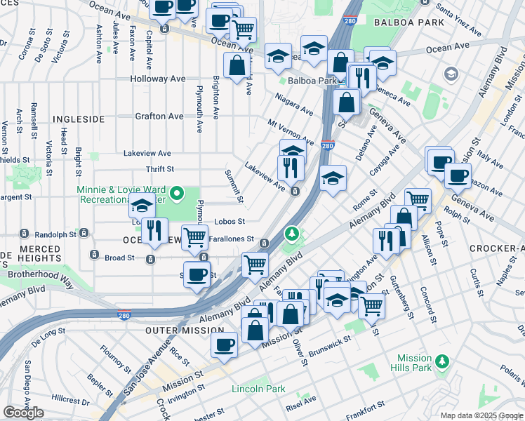 map of restaurants, bars, coffee shops, grocery stores, and more near 168 Caine Avenue in San Francisco