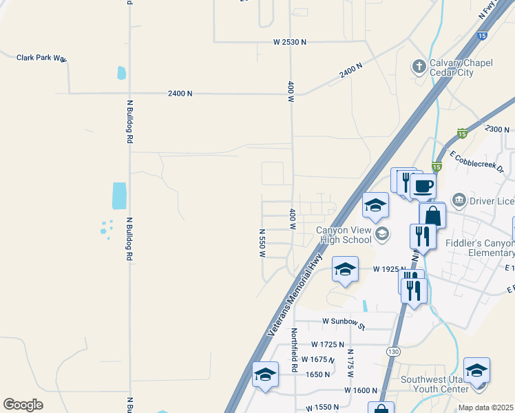 map of restaurants, bars, coffee shops, grocery stores, and more near 2093 North 550 West in Cedar City