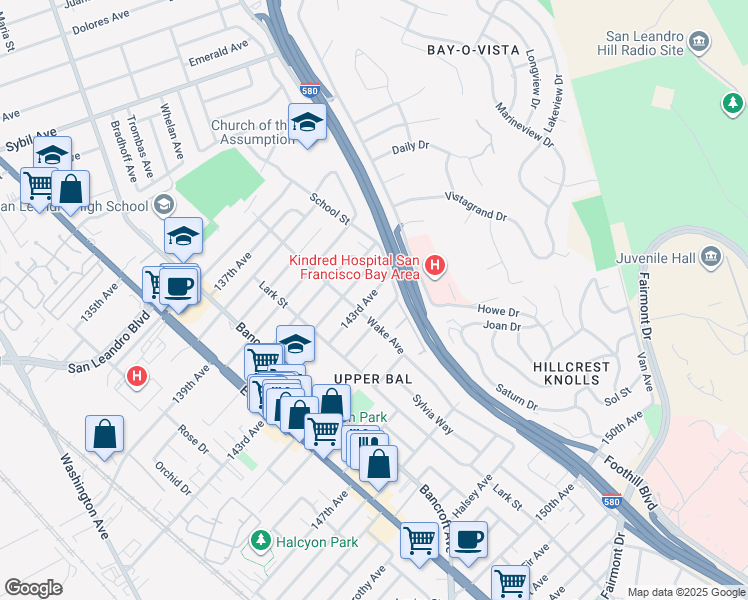 map of restaurants, bars, coffee shops, grocery stores, and more near 1724 143rd Avenue in San Leandro