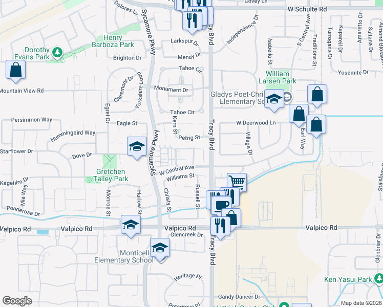 map of restaurants, bars, coffee shops, grocery stores, and more near 847 Iberis Way in Tracy