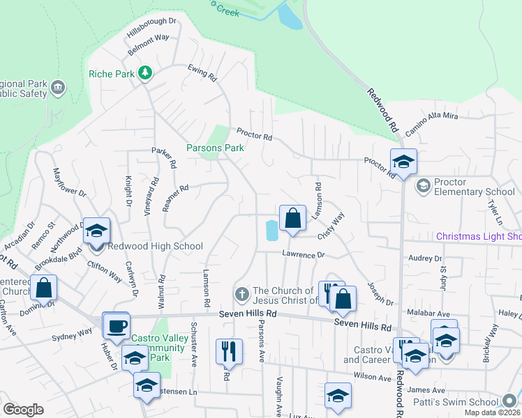 map of restaurants, bars, coffee shops, grocery stores, and more near 4445 Casa La Cresta in Castro Valley