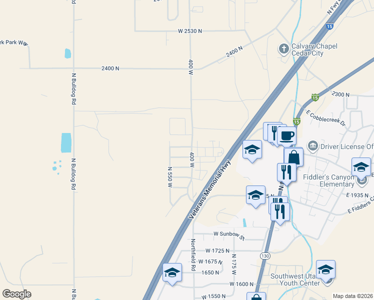 map of restaurants, bars, coffee shops, grocery stores, and more near 433 West 2100 North in Cedar City