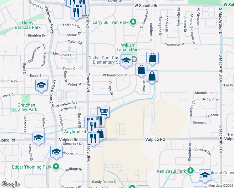 map of restaurants, bars, coffee shops, grocery stores, and more near 1981 Bristlecone Drive in Tracy