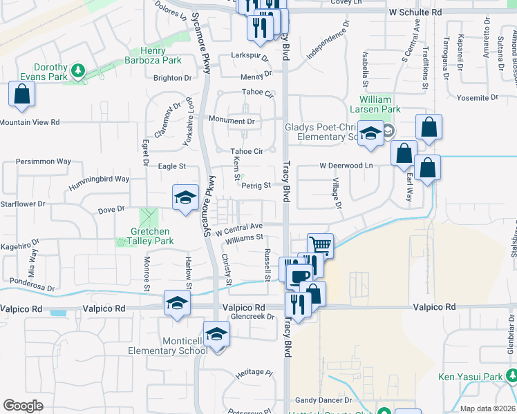 map of restaurants, bars, coffee shops, grocery stores, and more near 847 Iberis Way in Tracy