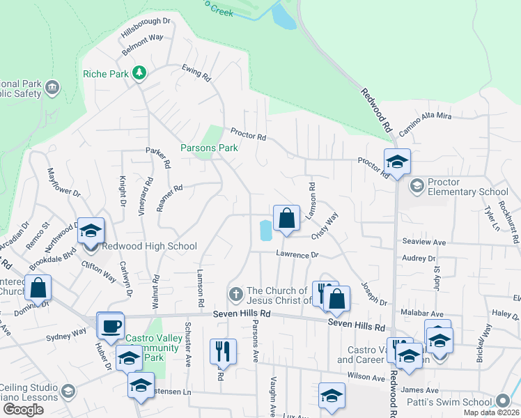 map of restaurants, bars, coffee shops, grocery stores, and more near 4445 Casa La Cresta in Castro Valley