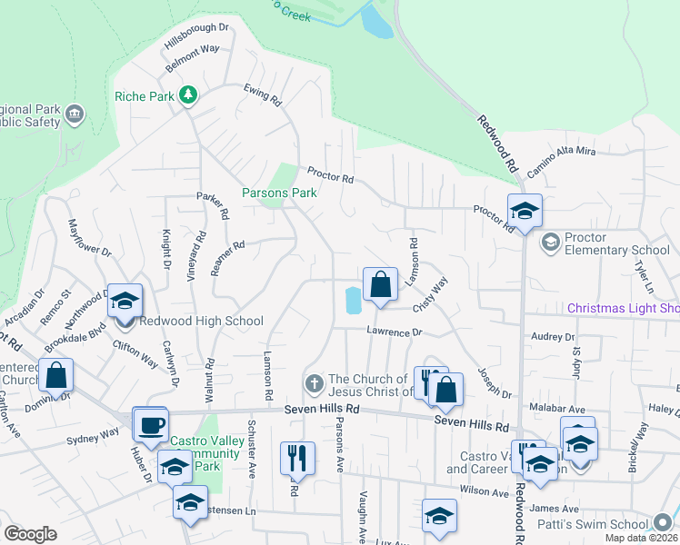 map of restaurants, bars, coffee shops, grocery stores, and more near 4445 Casa La Cresta in Castro Valley