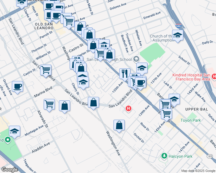 map of restaurants, bars, coffee shops, grocery stores, and more near 2399 East 14th Street in San Leandro