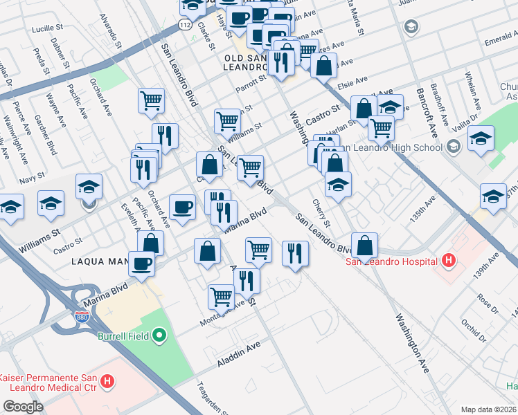 map of restaurants, bars, coffee shops, grocery stores, and more near 545 Estabrook Street in San Leandro
