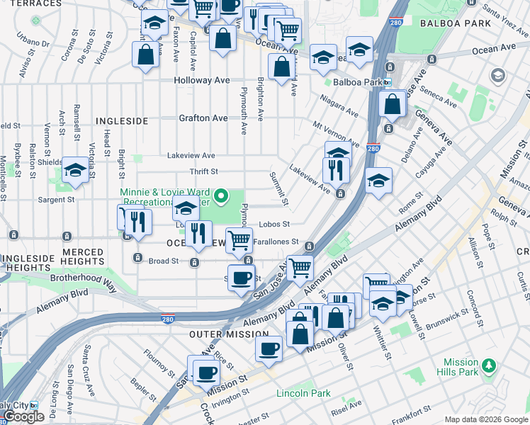 map of restaurants, bars, coffee shops, grocery stores, and more near 80 Minerva Street in San Francisco