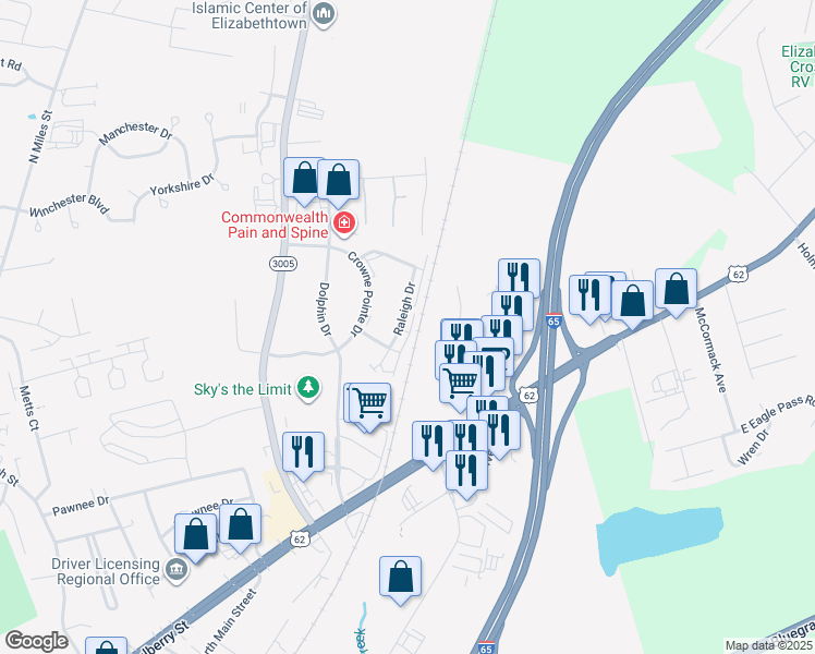 map of restaurants, bars, coffee shops, grocery stores, and more near 119 Raleigh Drive in Elizabethtown