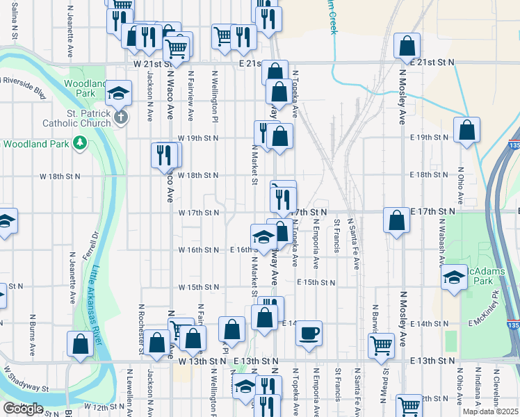 map of restaurants, bars, coffee shops, grocery stores, and more near 1818 North Market Street in Wichita