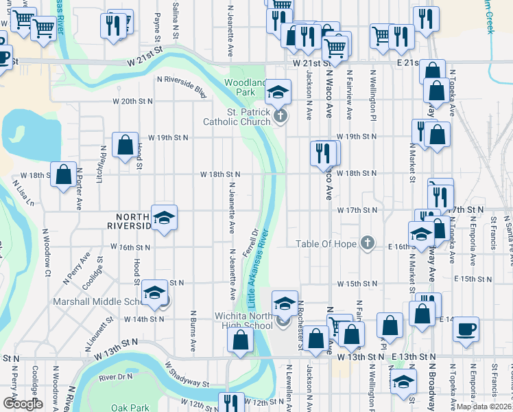 map of restaurants, bars, coffee shops, grocery stores, and more near 1821 North Heiserman in Wichita